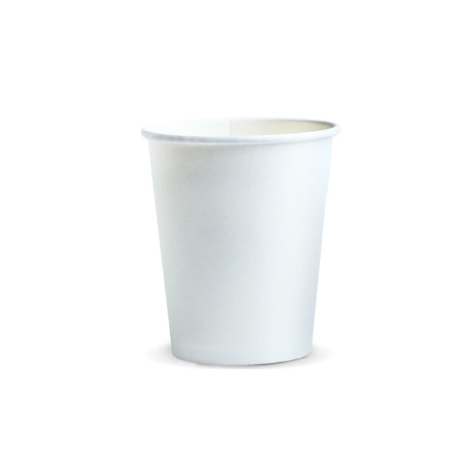 A compostable white paper cup, 230ml in size, featuring a simple design and a logo.