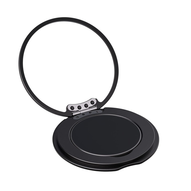 A black phone grip and stand with a circular, hinged design. It features a shiny finish and a branding logo.