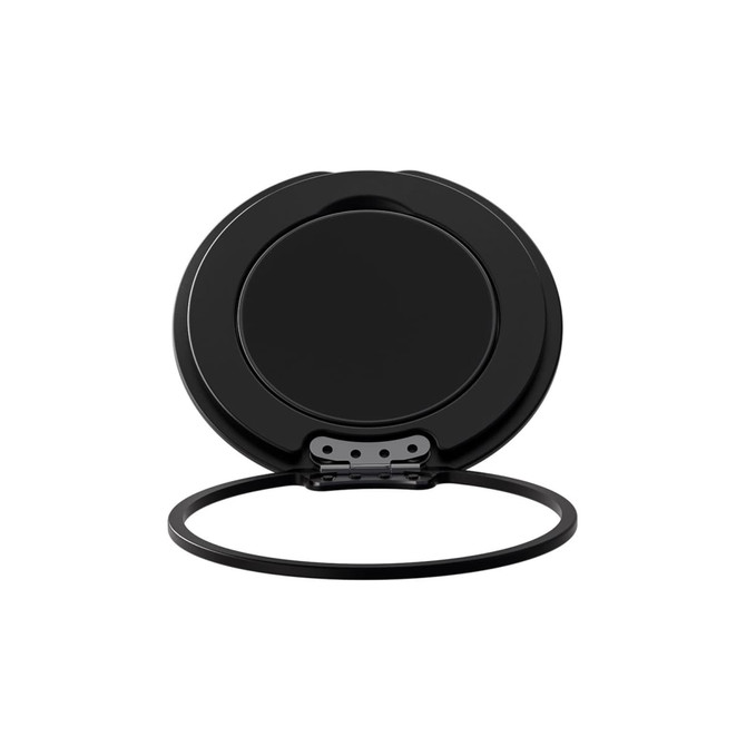 A black phone grip and stand with a circular design and a flexible ring for support. Features branding.