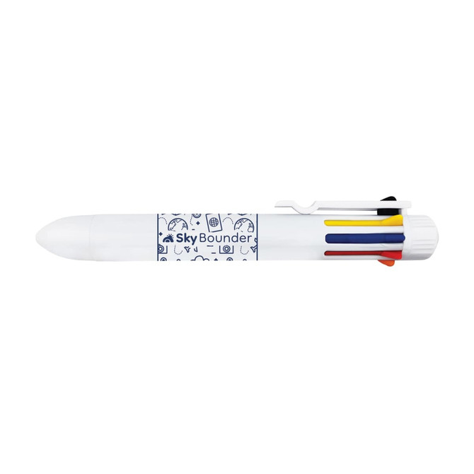 A multicoloured pen with a white body and a clip, featuring a branding logo.