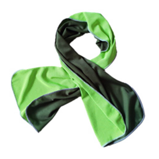 A green and dark green cooling towel, featuring a soft fabric design and a logo.