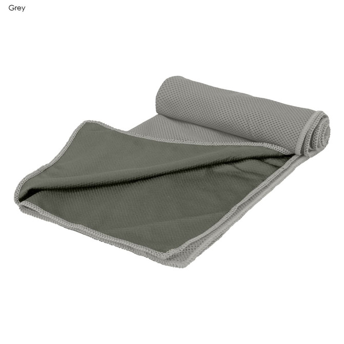 A grey cooling towel, featuring a textured surface and rolled at one end, displayed flat with a contrasting inner colour.