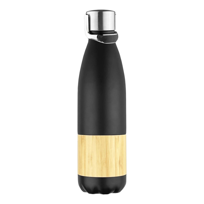 A drink bottle featuring a sleek black design with a bamboo accent and a metal lid. It has a logo.