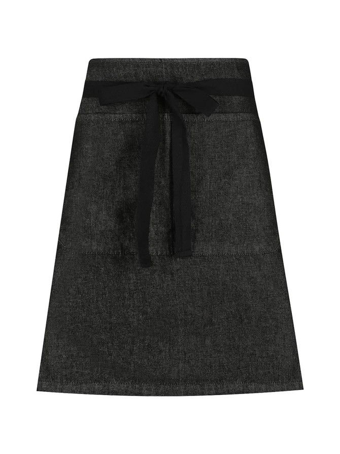 A waist apron in a dark charcoal colour with a black tie waistband and a simple design. Features branding.