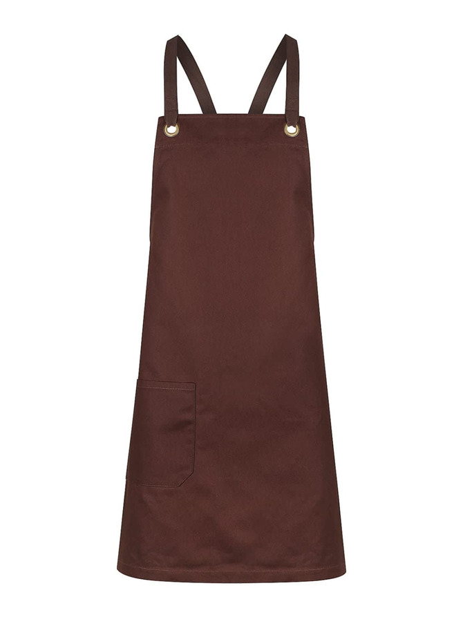 A brown bib apron featuring adjustable straps and a front pocket, with a logo on it.
