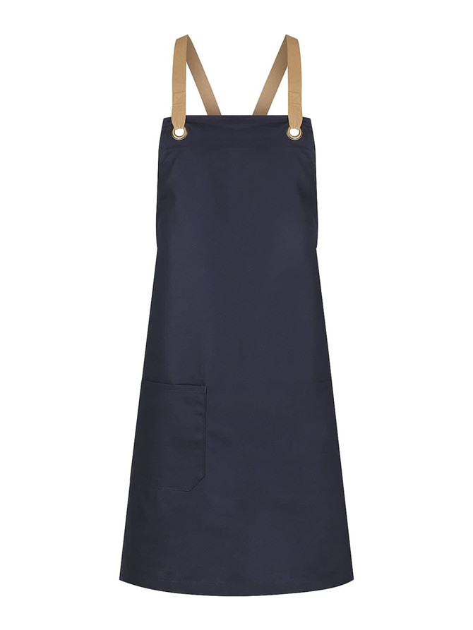 A navy blue bib apron featuring brown adjustable straps and a side pocket. It includes a branding logo.