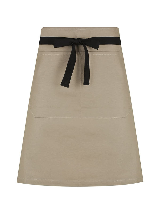 A beige waist apron with a black tie at the waist, featuring two front pockets and a simple design.