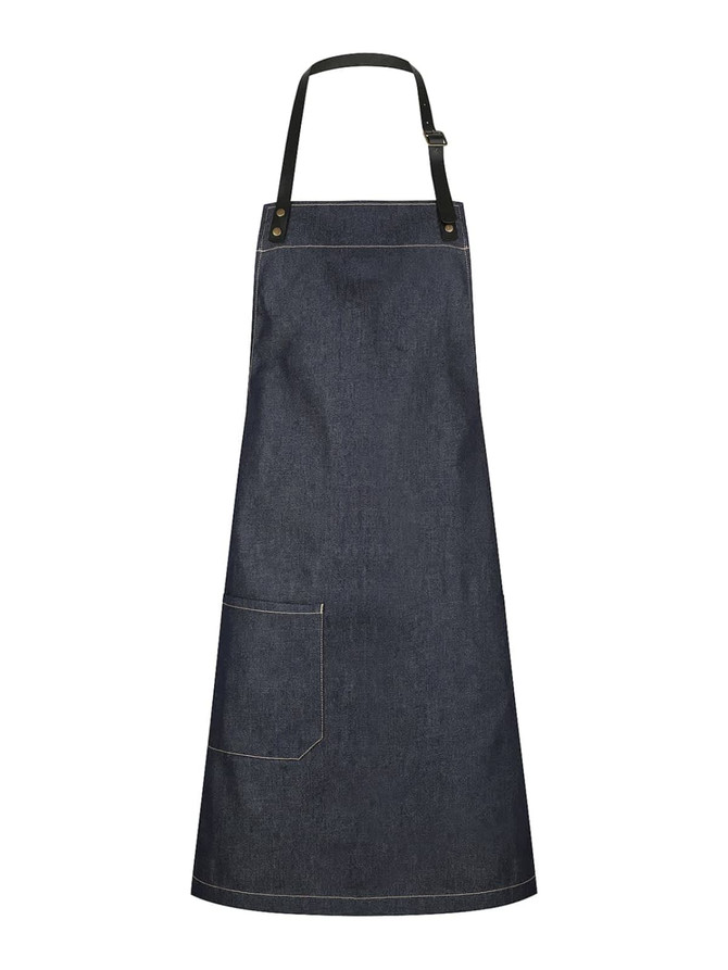A denim bib apron featuring a pocket and a black adjustable neck strap, with branding detail.