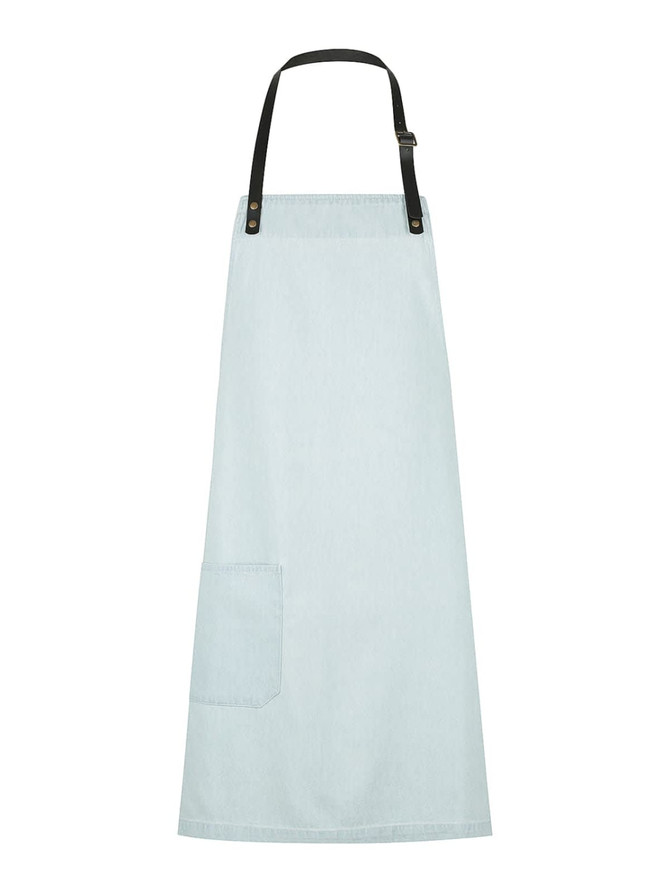 A light blue bib apron with a black strap and a front pocket, featuring a logo.