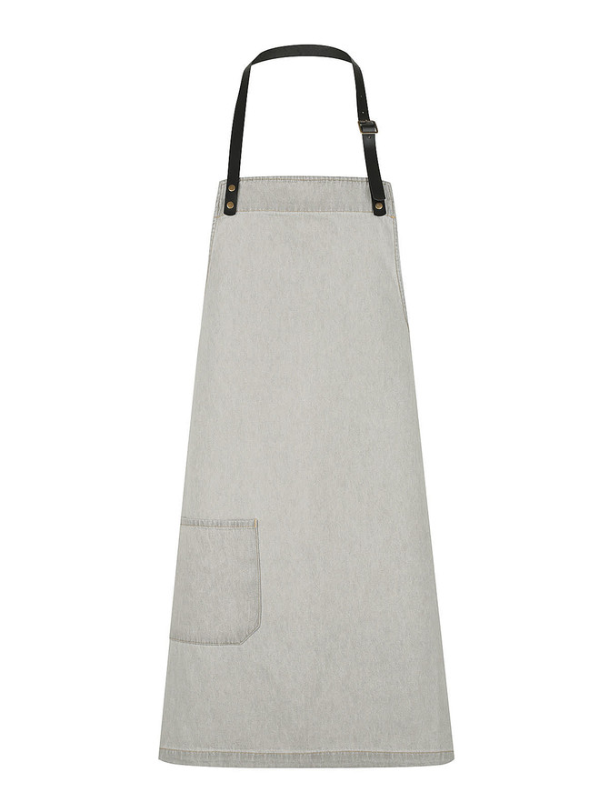 A light grey bib apron with a front pocket and a black adjustable strap. It features a logo.