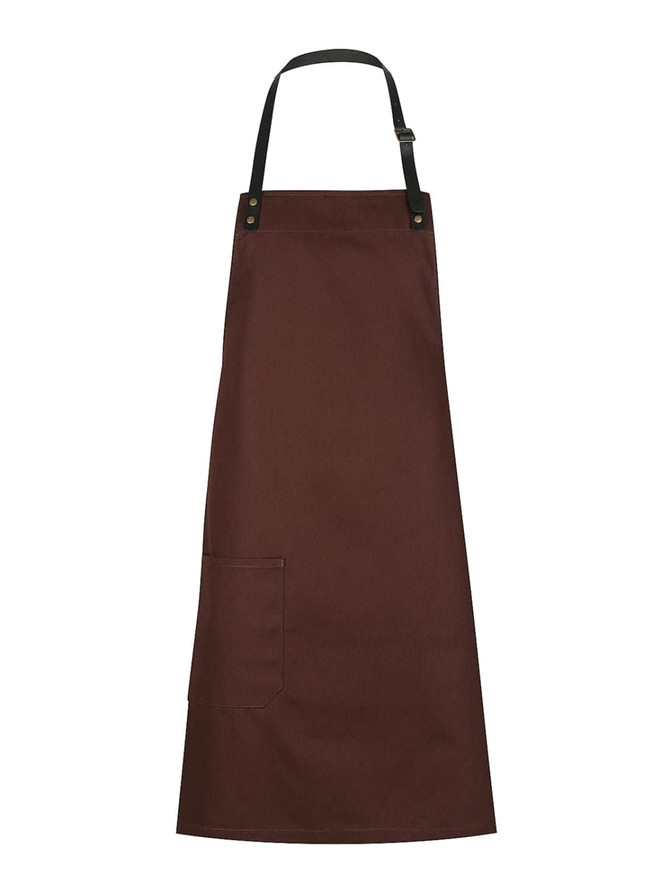 A brown bib apron with a pocket and adjustable strap, featuring a logo at the top.