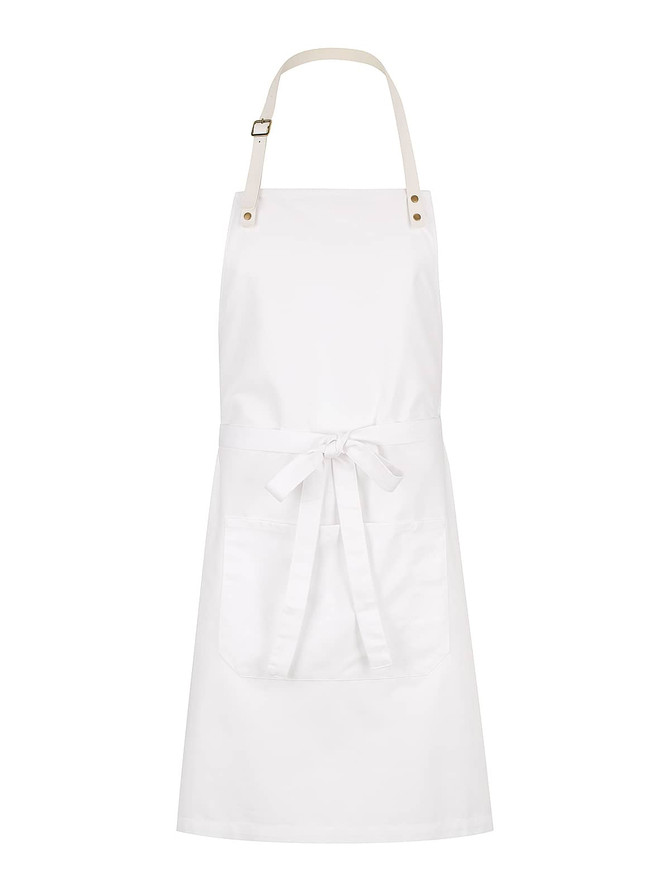 A white apron with a detachable neck strap and a front pocket, featuring gold hardware accents.