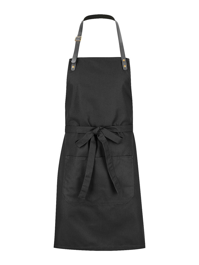 A black bib apron featuring a tie front and a front pocket, with a logo on the upper portion.