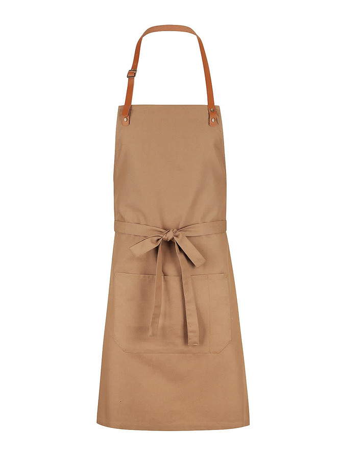 A tan bib apron with brown leather straps and a front pocket, featuring a simple design.