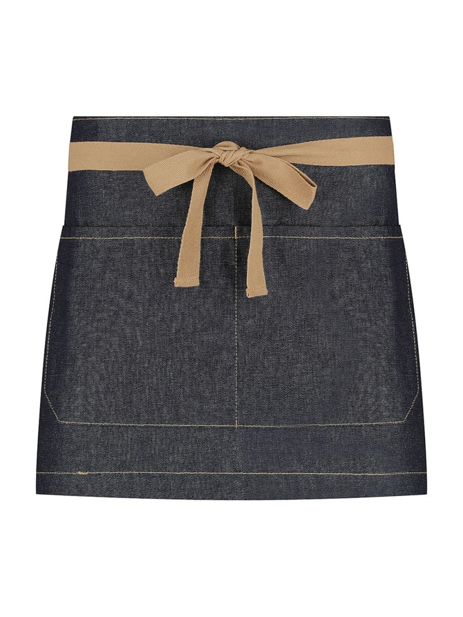 A short waist apron in navy denim with a tan tie, featuring a simple design and pockets. It has a logo.