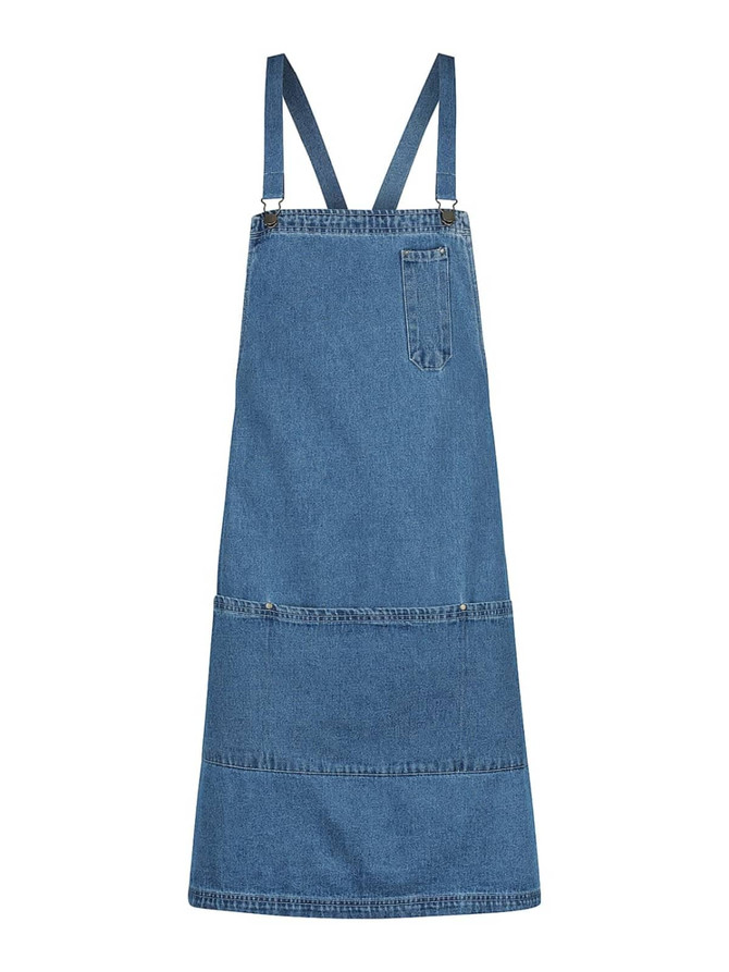 A denim bib apron in blue with adjustable straps and a front pocket. It features a simple, classic design.