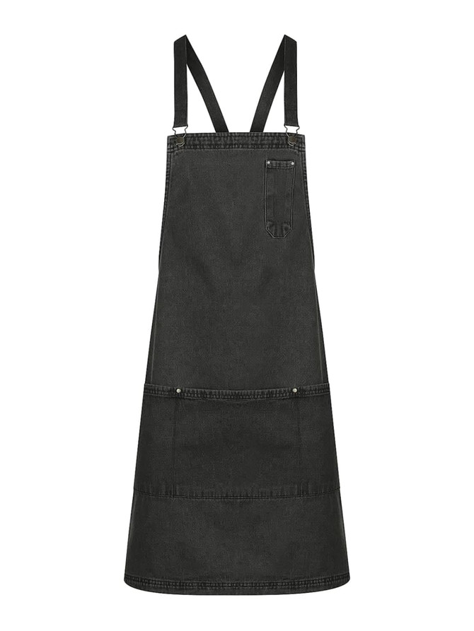 A dark grey bib apron featuring adjustable straps and a front pocket, suitable for workwear applications.