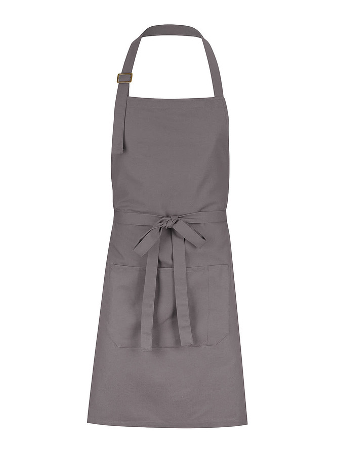 A grey bib apron featuring a waist tie and pocket, with an adjustable neck strap and branding.