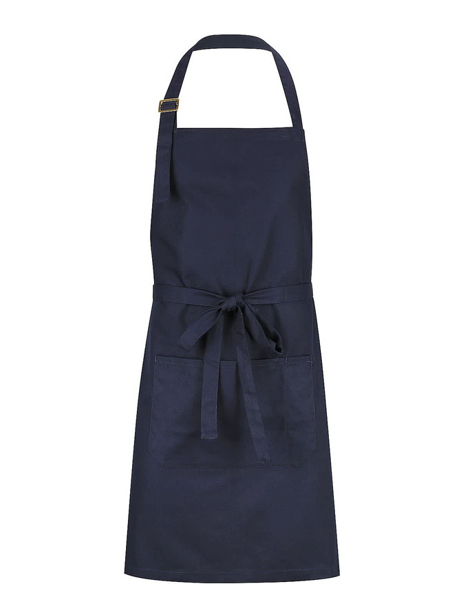 A navy blue bib apron featuring a front pocket and a tie waist, with a logo on the upper area.