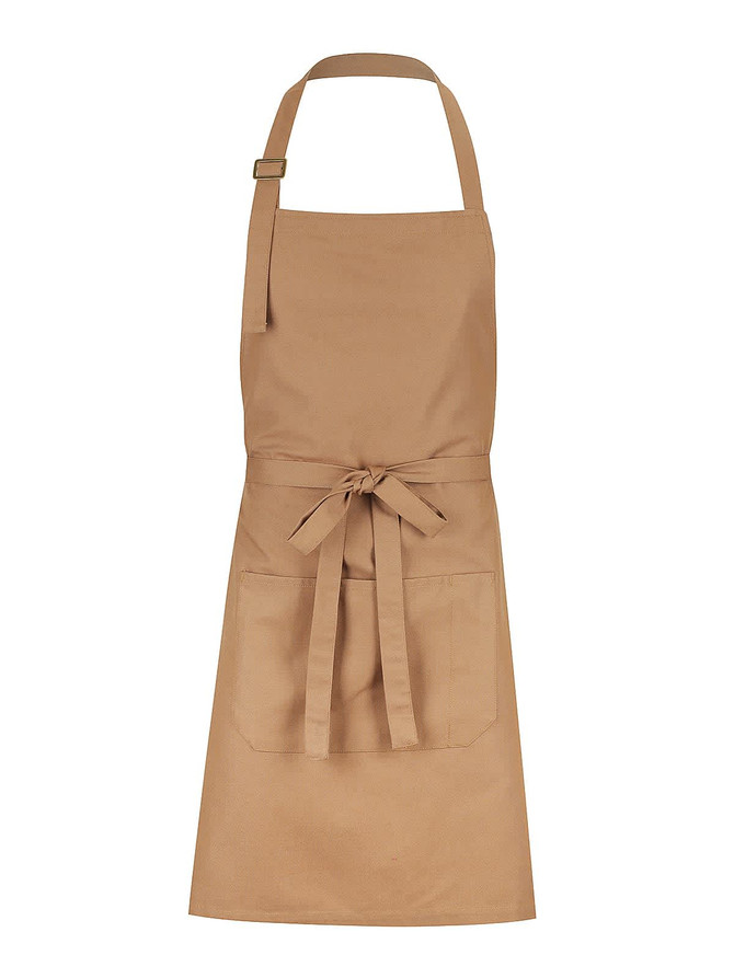 A tan bib apron with a waist tie, adjustable neck strap, and front pockets. It features a logo.