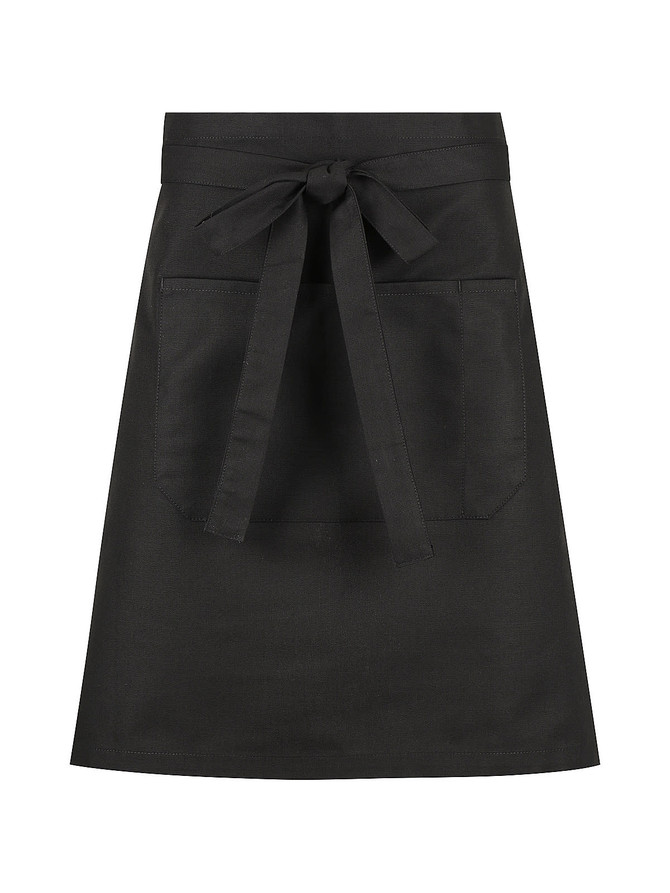 A black waist apron with a bow tie and two front pockets, featuring a logo on the fabric.