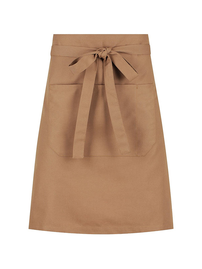 A brown waist apron with a front pocket and a tie at the waist, featuring a logo or branding.