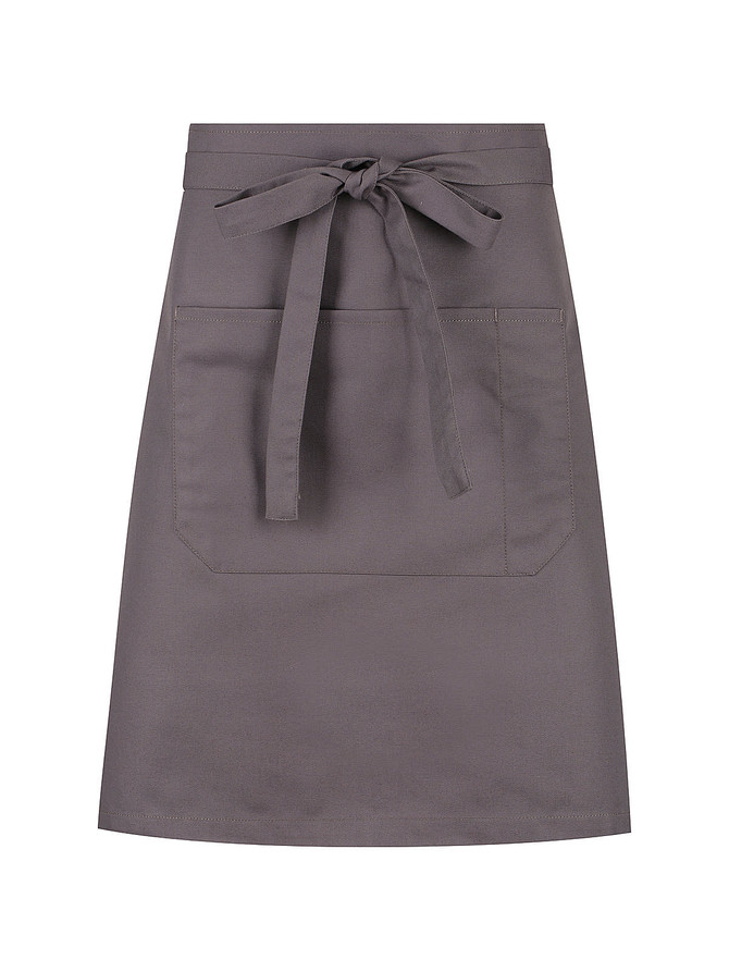A grey waist apron featuring a front pocket and a tied waist. It has a minimalist design and includes a logo.