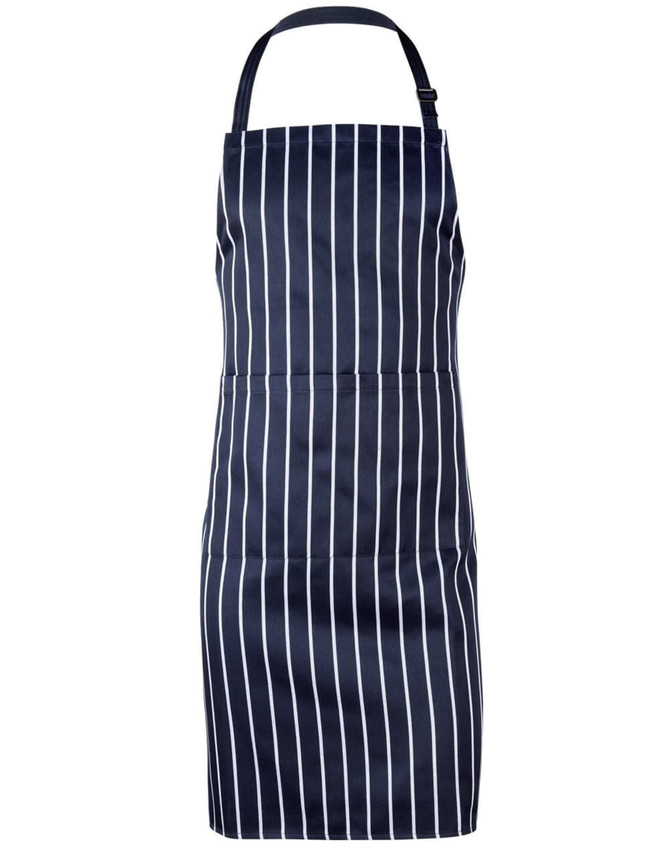 A navy blue butcher's apron with white stripes and an adjustable neck strap, featuring a logo.