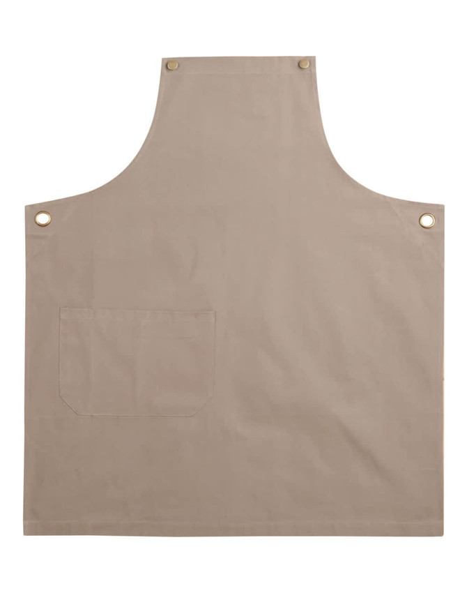 A beige canvas bib apron featuring a front pocket and metal grommet details.