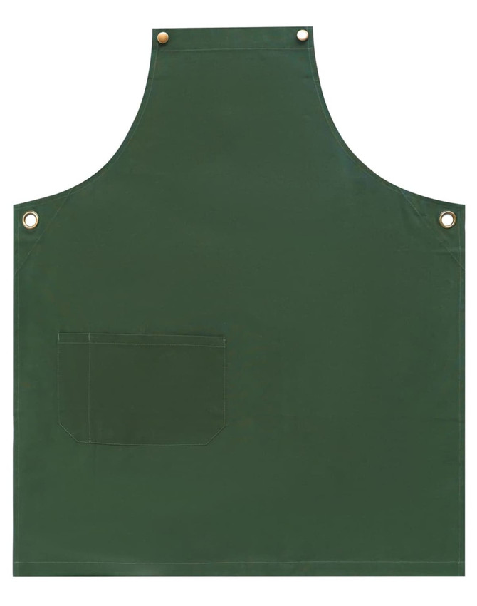 A dark green canvas bib apron featuring a front pocket and buttons at the neck for fastening.