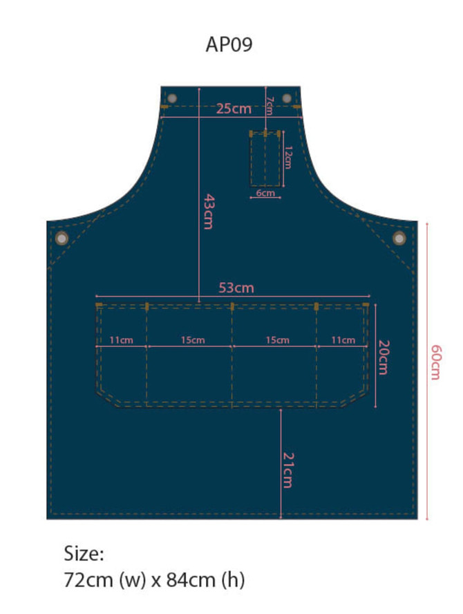 A dark blue denim bib apron featuring multiple pockets and a logo. Measurements are included in the design.