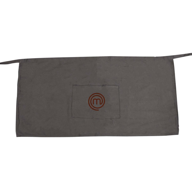 A grey waist apron featuring a central pocket and a logo, with ties on either side.