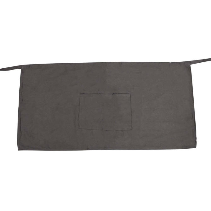 A dark grey waist apron with a central pocket and ties on each side. Features a simple design.