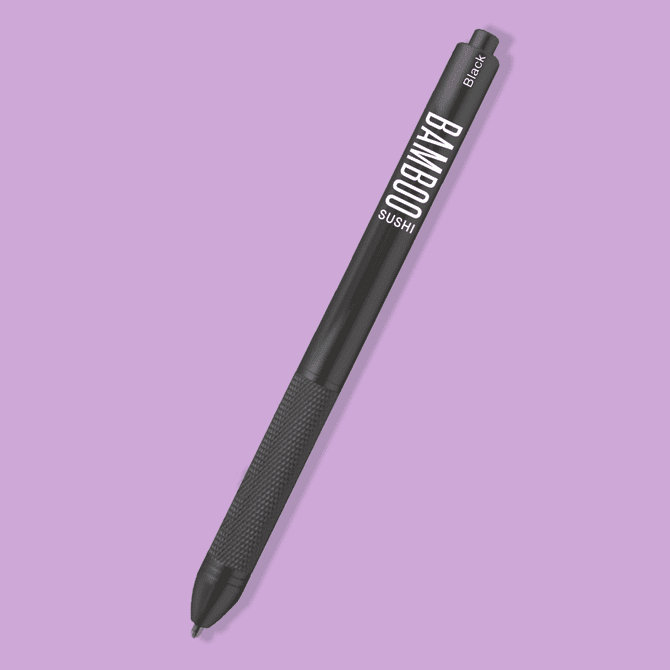 A black metal pen with a textured grip and a logo, featuring a sleek, stylish design.