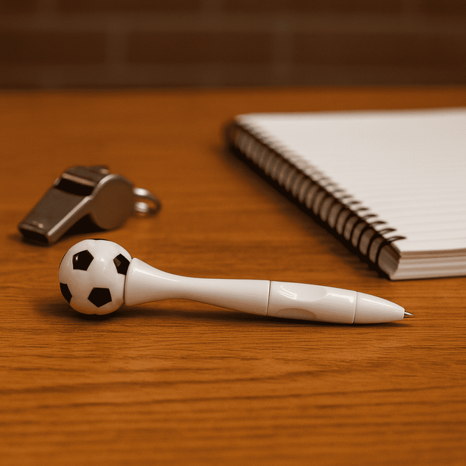 A white pen with a black and white soccer ball top sits on a wooden table next to a whistle and a notepad.