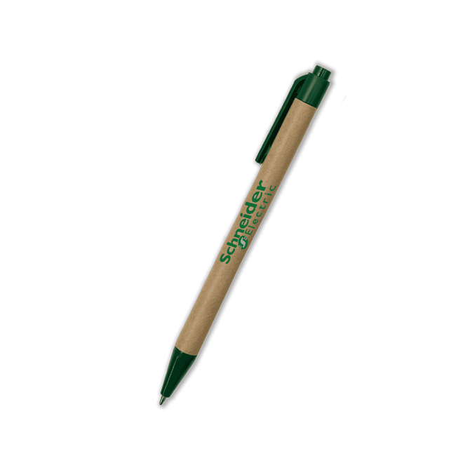 A pen with a brown paper barrel and green accents, featuring a clip and branding.