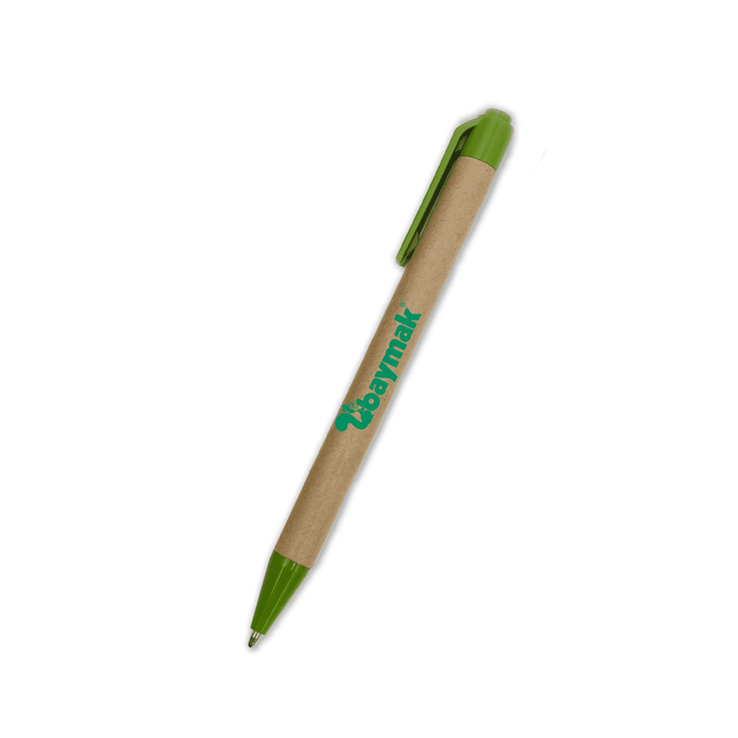 A ballpoint pen with a brown cardboard body and green plastic accents. It features a logo.