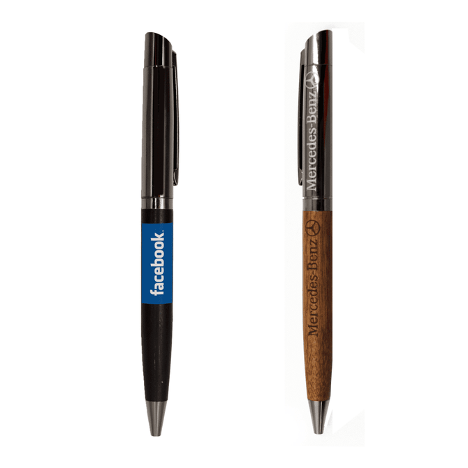 A wooden and metal ball pen with a sleek design, featuring a black and a brown finish, with logos included.