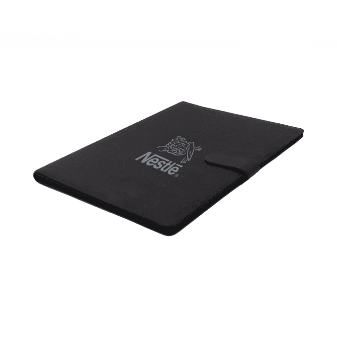 A black portfolio featuring a logo, designed to hold documents and presentations.