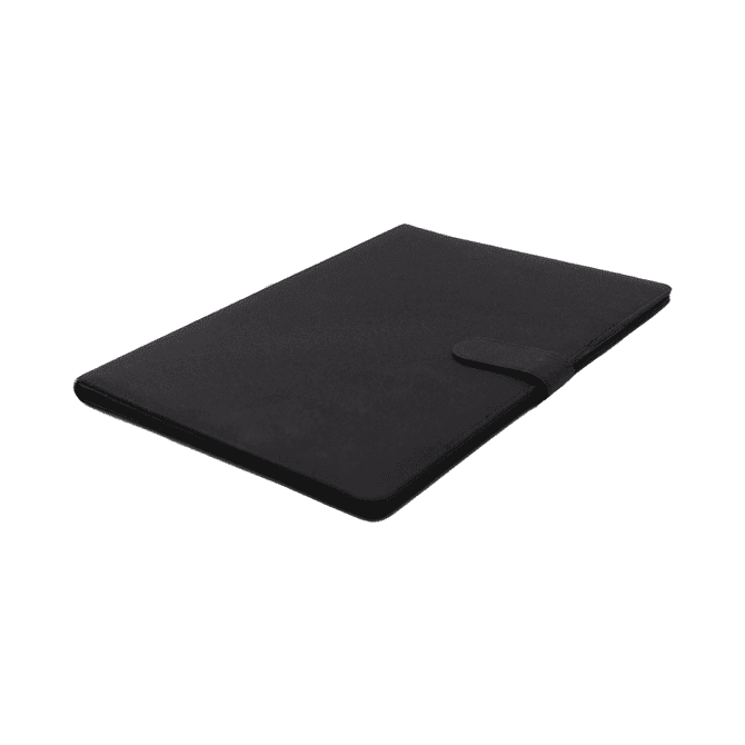 A black portfolio with a smooth exterior and a flap closure, featuring a logo on the surface.