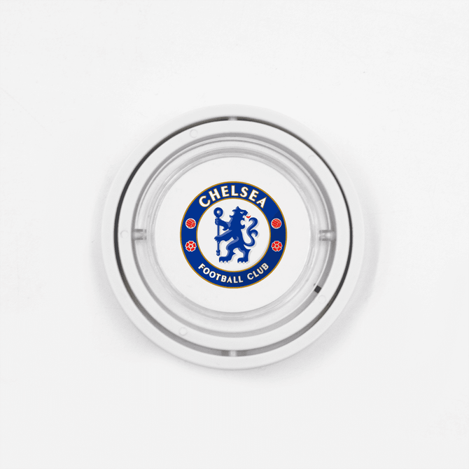 A circular glass ashtray featuring a logo in blue and white for a football club, with a silver rim.