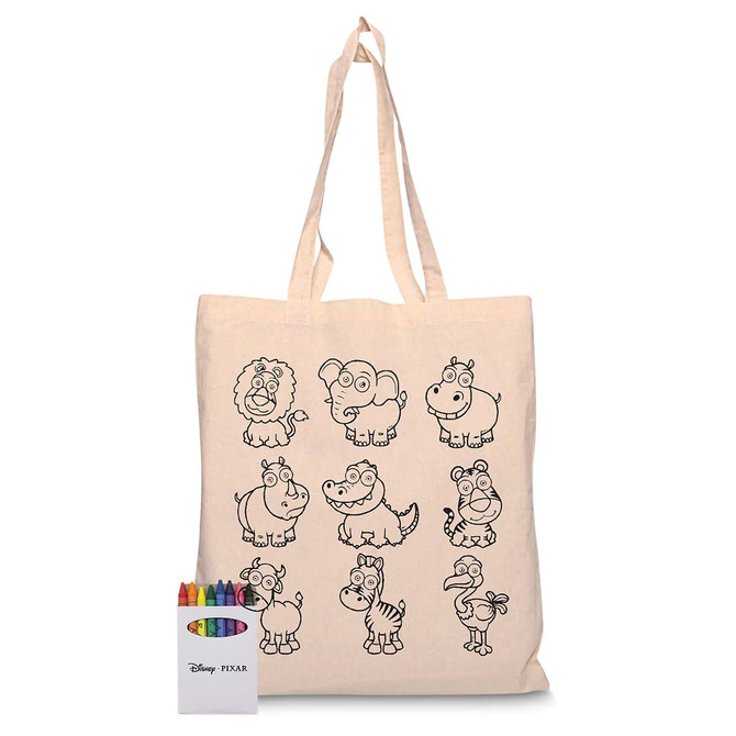 A natural canvas bag featuring various animal illustrations in black and a set of vibrant crayons in a box.