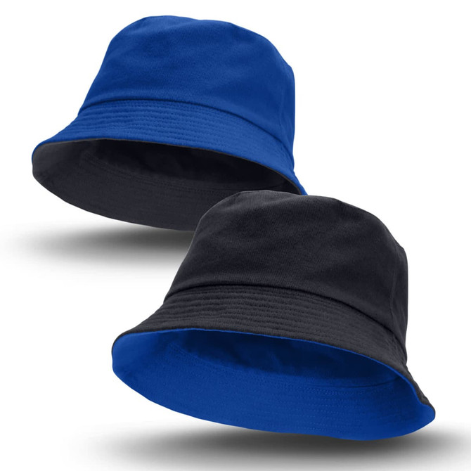 A reversible bucket hat featuring blue on one side and black on the other, with a logo visible on the fabric.