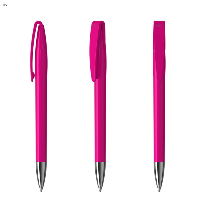 Three bright pink metal pens with a glossy finish and a silver clip, featuring a logo on the barrel.