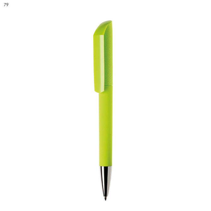 A plastic pen in vibrant green, featuring a unique cap design and a shiny silver tip, with a logo on the barrel.