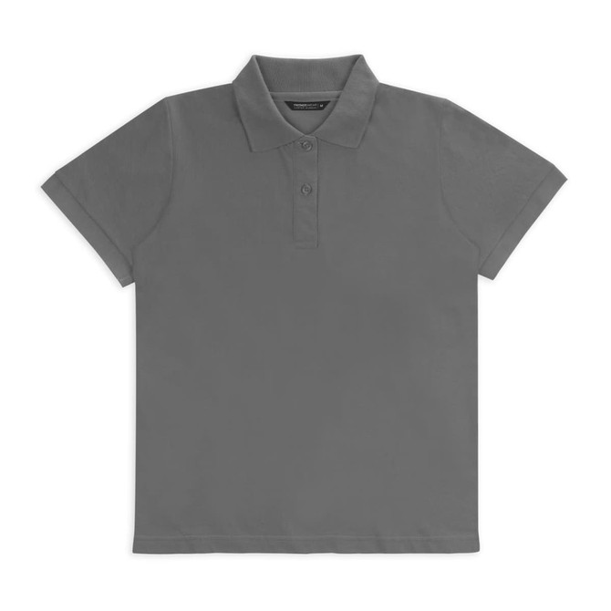 Grey women's polo shirt with a collared neck and three-button placket. Features a branding logo.