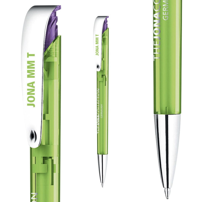 A transparent green plastic pen with a silver clip and a logo, featuring sleek and modern design elements.