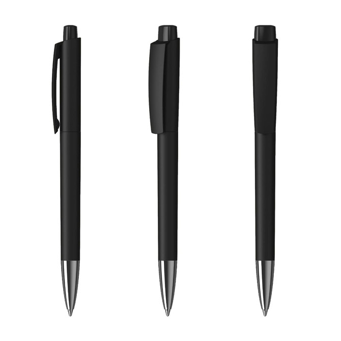 A set of three sleek black metal pens with glossy finishes and silver accents, featuring a branding logo.