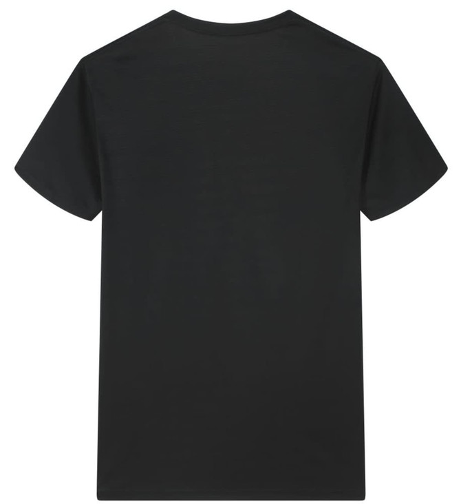 A black Saharah dryfit tee shirt with a plain back and short sleeves. Features a logo.