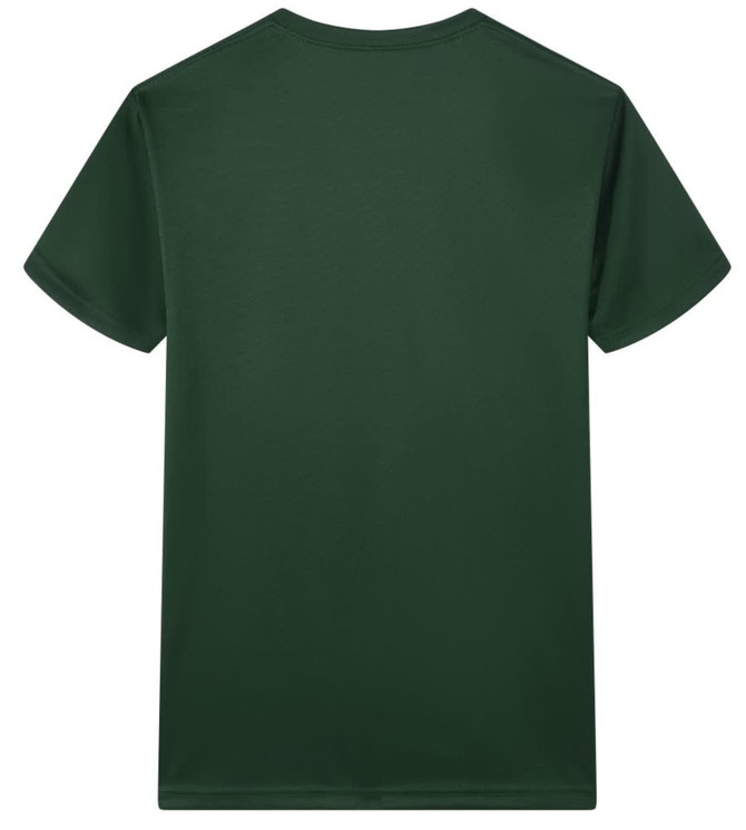 A dark green Saharah dryfit tee shirt with a simple design and a logo on the back.